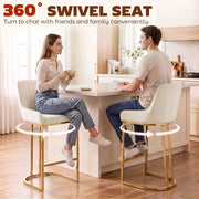Two people sitting on cream white bar stools at a kitchen island with 360 degree swivel arrows