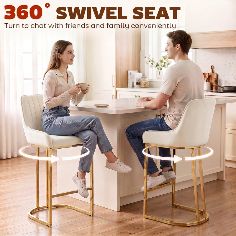 Two people sitting on cream white bar stools at a kitchen island with 360 degree swivel arrows