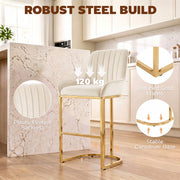 Cream white velvet bar stool with callouts for 120 kg capacity, pleated backrest, gold frame and cantilever base