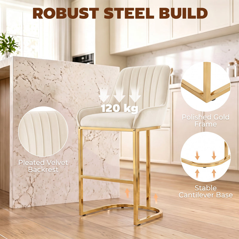 Cream white velvet bar stool with callouts for 120 kg capacity, pleated backrest, gold frame and cantilever base