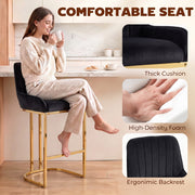 Woman sitting on a black velvet bar stool with close-ups of the thick cushion, foam and backrest