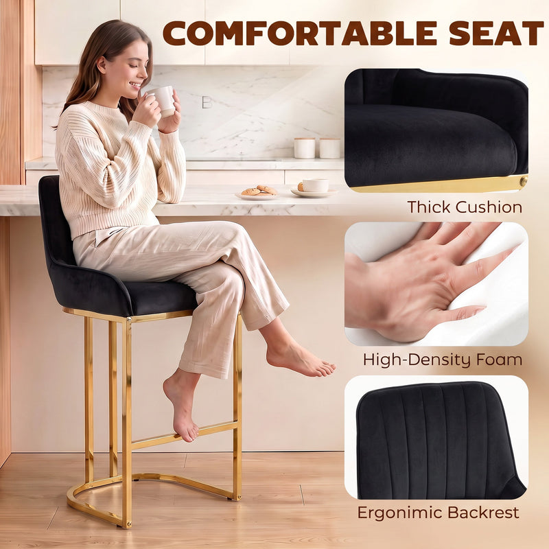 Woman sitting on a black velvet bar stool with close-ups of the thick cushion, foam and backrest