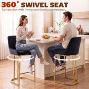Two people sitting on black bar stools at a kitchen island with 360 degree swivel arrows
