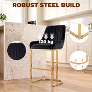 Black velvet bar stool with callouts for 120 kg capacity, pleated backrest, gold frame and cantilever base