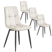 Set of four cappuccino beige velvet dining chairs with black steel legs on a white background