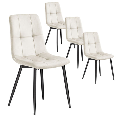 Set of four cappuccino beige velvet dining chairs with black steel legs on a white background