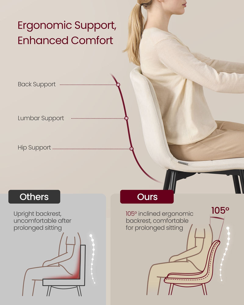 Woman seated in the chair with a diagram of the 105 degree ergonomic backrest