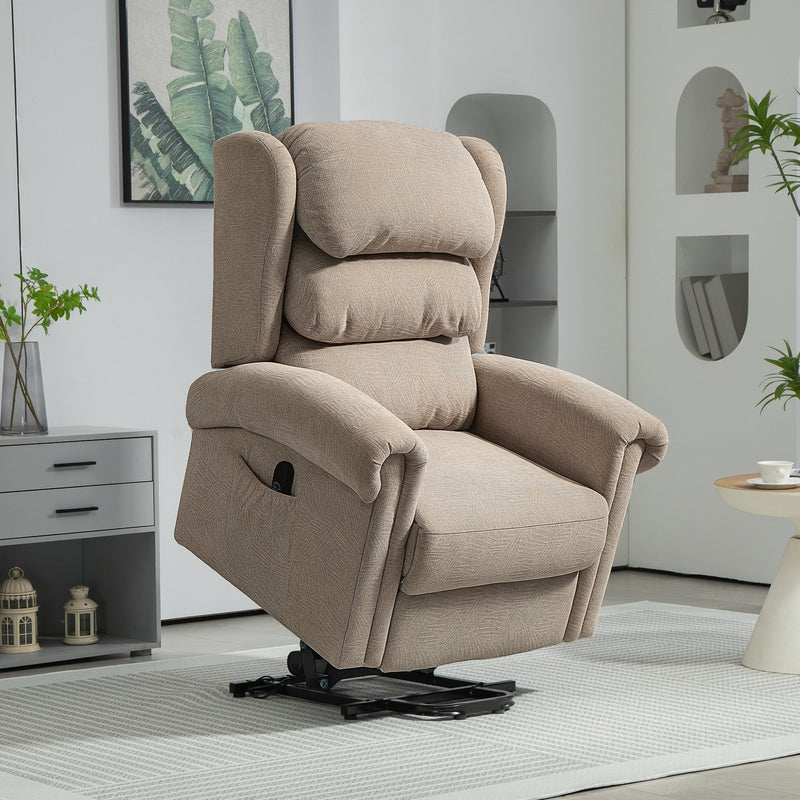 Khaki electric recliner chair styled in a modern living room