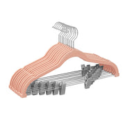 Stack of 10 light pink velvet hangers with silver adjustable trouser clips