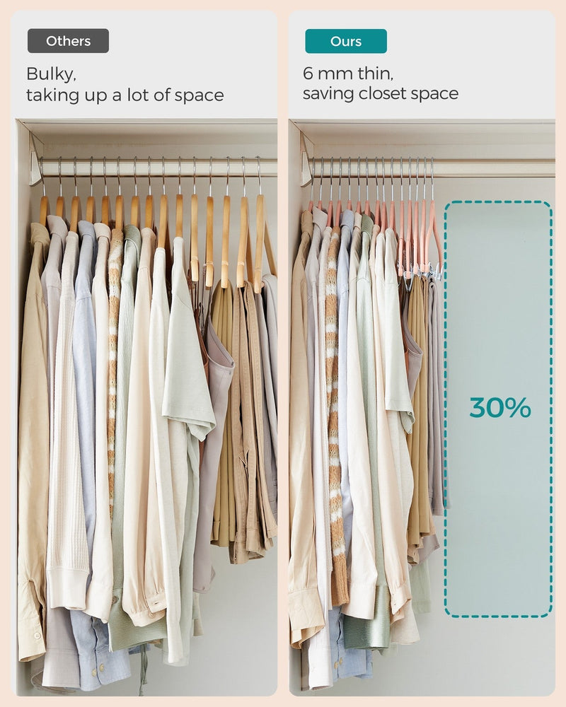 Wardrobe rail comparison showing slim pink velvet hangers saving 30% space
