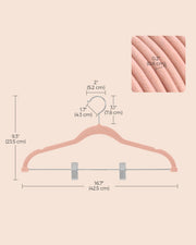 Dimension diagram of the velvet clip hanger, 42.5 cm wide and 23.5 cm tall