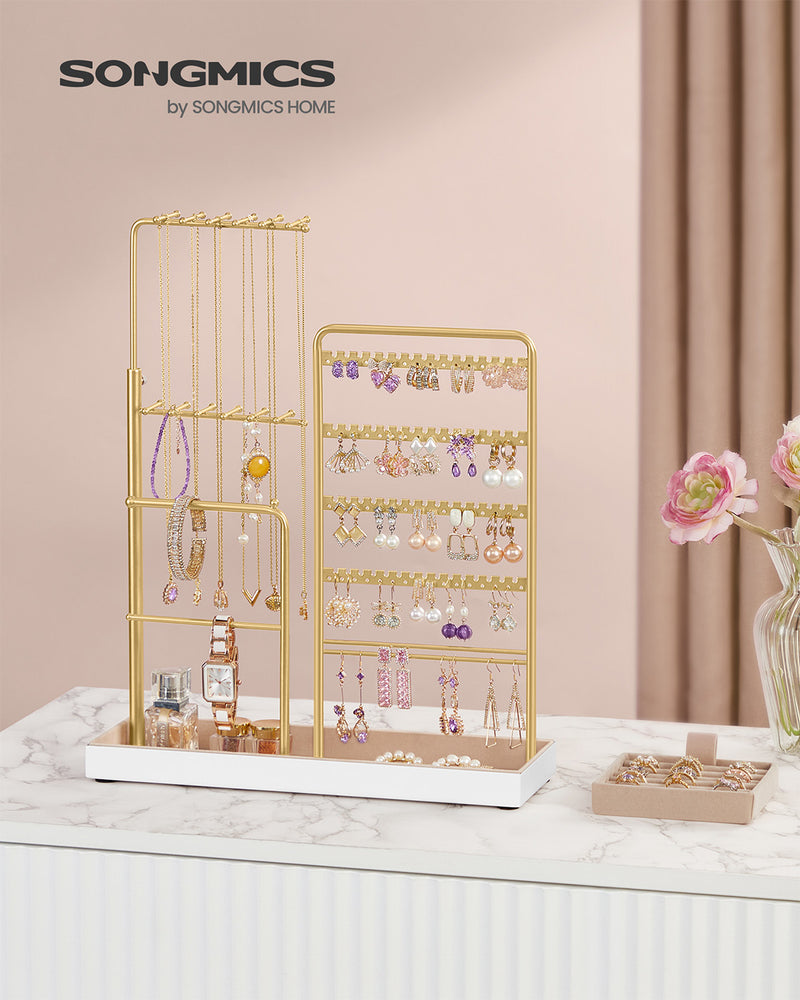 Angled view showing necklaces hanging on the stand