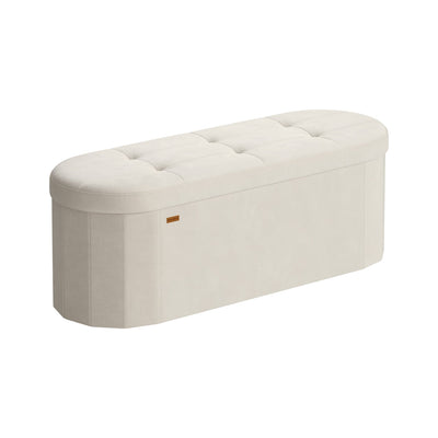Songmics velvet storage ottoman bench in Cream White, studio shot showing the racetrack shape