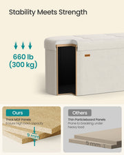 9 mm MDF top panel of the ottoman bench compared with a thinner particleboard panel, showing load capacity