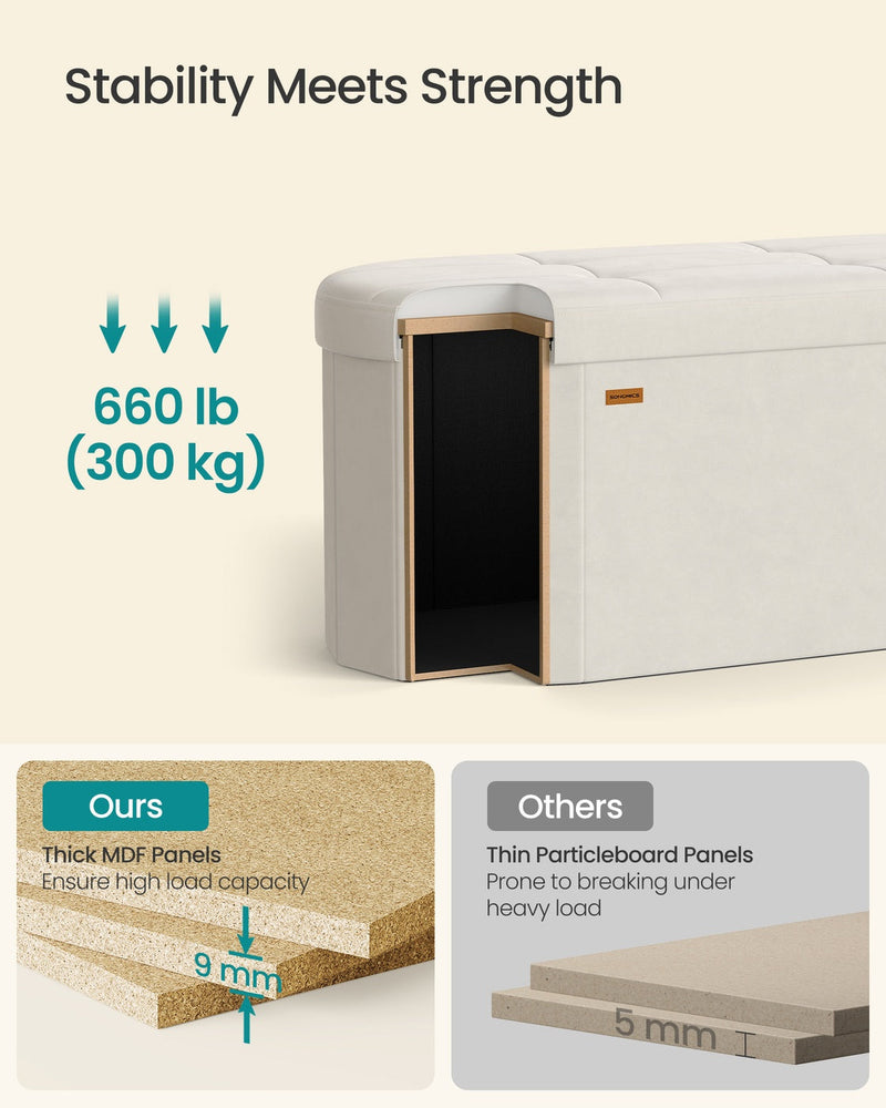 9 mm MDF top panel of the ottoman bench compared with a thinner particleboard panel, showing load capacity