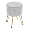 Dove Grey velvet storage ottoman with gold hairpin legs on a white background