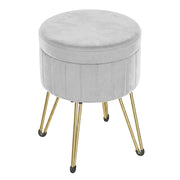 Dove Grey velvet storage ottoman with gold hairpin legs on a white background