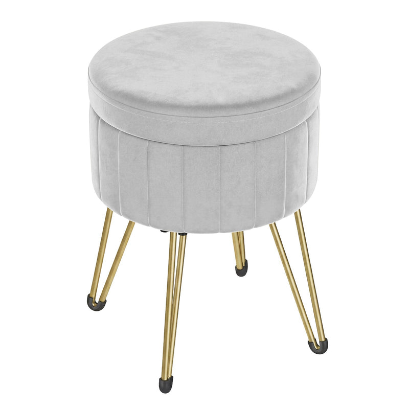 Dove Grey velvet storage ottoman with gold hairpin legs on a white background