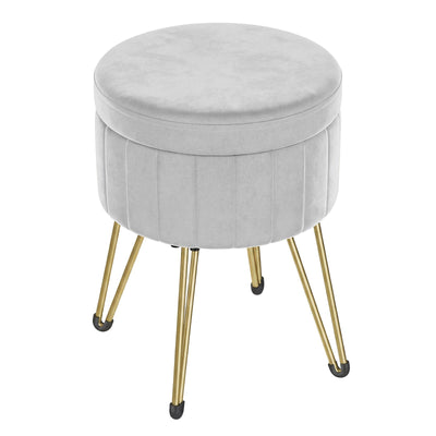 Dove Grey velvet storage ottoman with gold hairpin legs on a white background