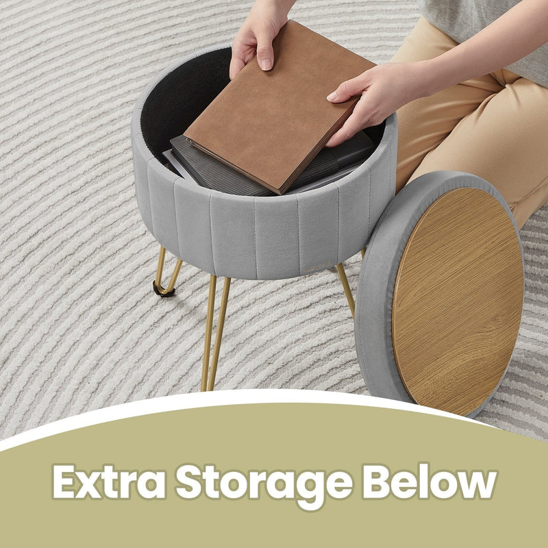 Lid lifted off to show the storage space inside and the wood-grain underside
