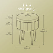 Dimensions diagram showing the round ottoman 39 cm in diameter, 44.4 cm tall and rated to 136 kg