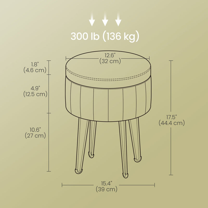 Dimensions diagram showing the round ottoman 39 cm in diameter, 44.4 cm tall and rated to 136 kg