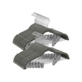 Stacked grey velvet trouser hangers with metal clips and chrome hooks
