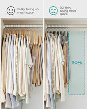 Comparison showing the slim hangers freeing 30 percent more rail space