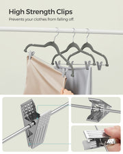 High strength clips gripping trousers, with close-ups of the metal clips