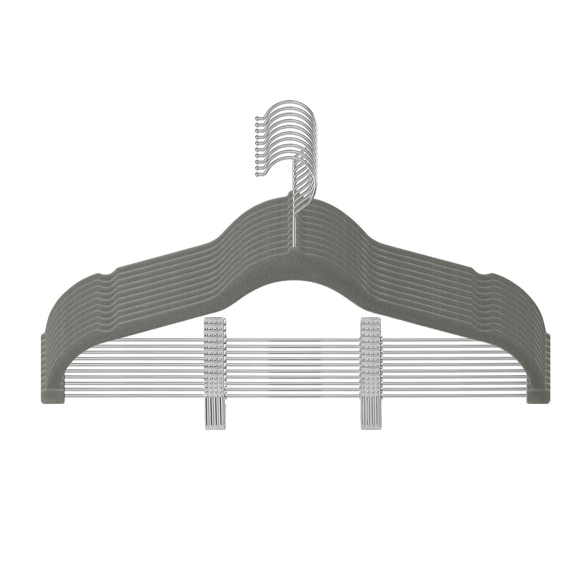 Single grey velvet hanger with swivel hook and two adjustable clips on the bar