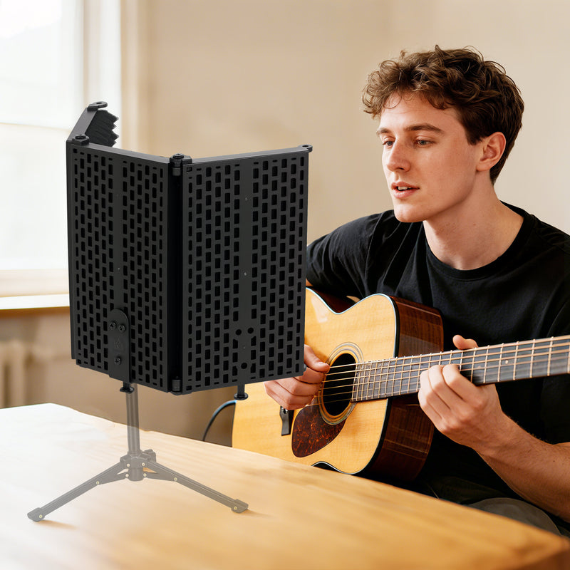Foldable Microphone Isolation Shield With Adjustable Panels For Studio Recording Black AOSOM