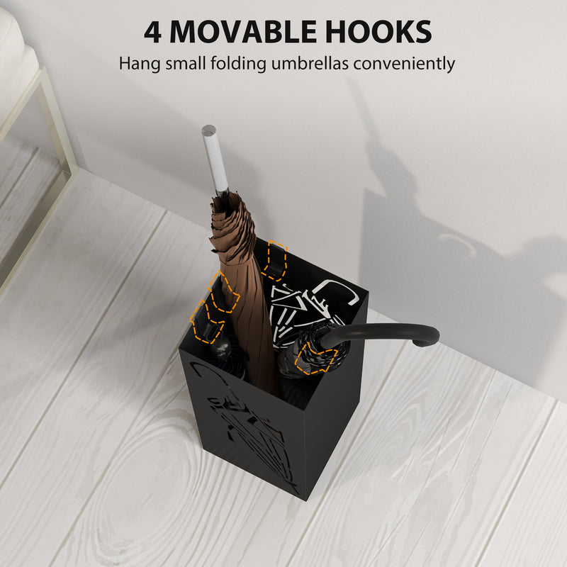 Black Metal Umbrella Stand with Hooks and Drip Tray for Hallway and Entryway by HOMCOM