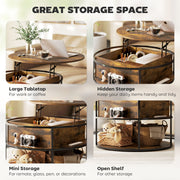 Brown Round Lift Top Coffee Table With Hidden Storage Shelf For Living Room Or Office