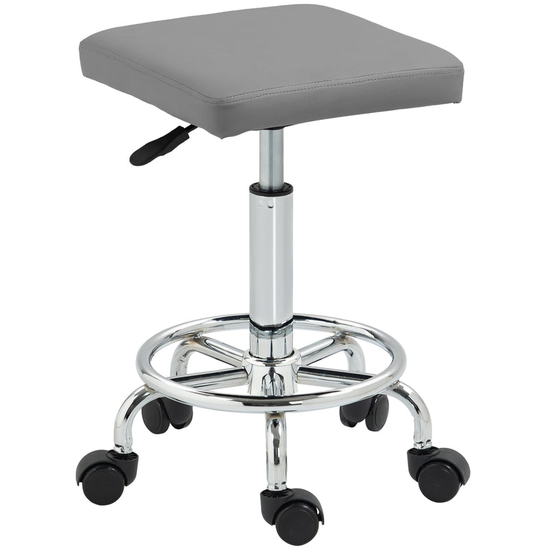 Grey Adjustable PU Leather Rolling Stool with Swivel and Wheels by HOMCOM