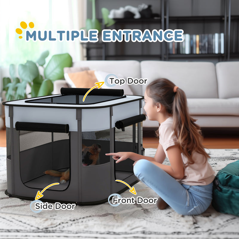 Portable Foldable Dog Playpen with Ground Stakes and Storage Bag for Travel, Grey