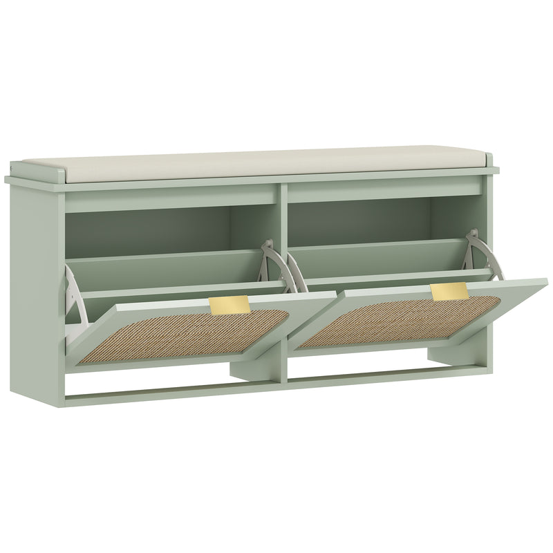 Boho Shoe Storage Bench with Cushion and Flip Drawers for Hallway or Entryway Light Green