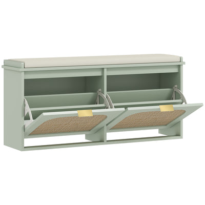 Boho Shoe Storage Bench with Cushion and Flip Drawers for Hallway or Entryway Light Green