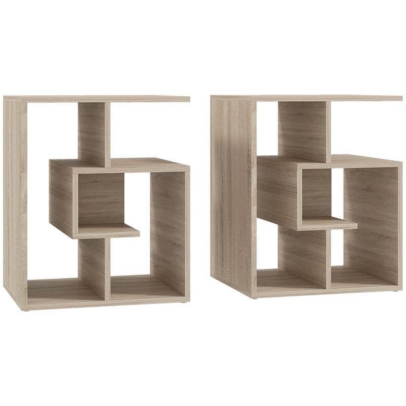 Set of 2 Three Tier Side Tables with Open Storage for Living Room or Bedroom, Oak