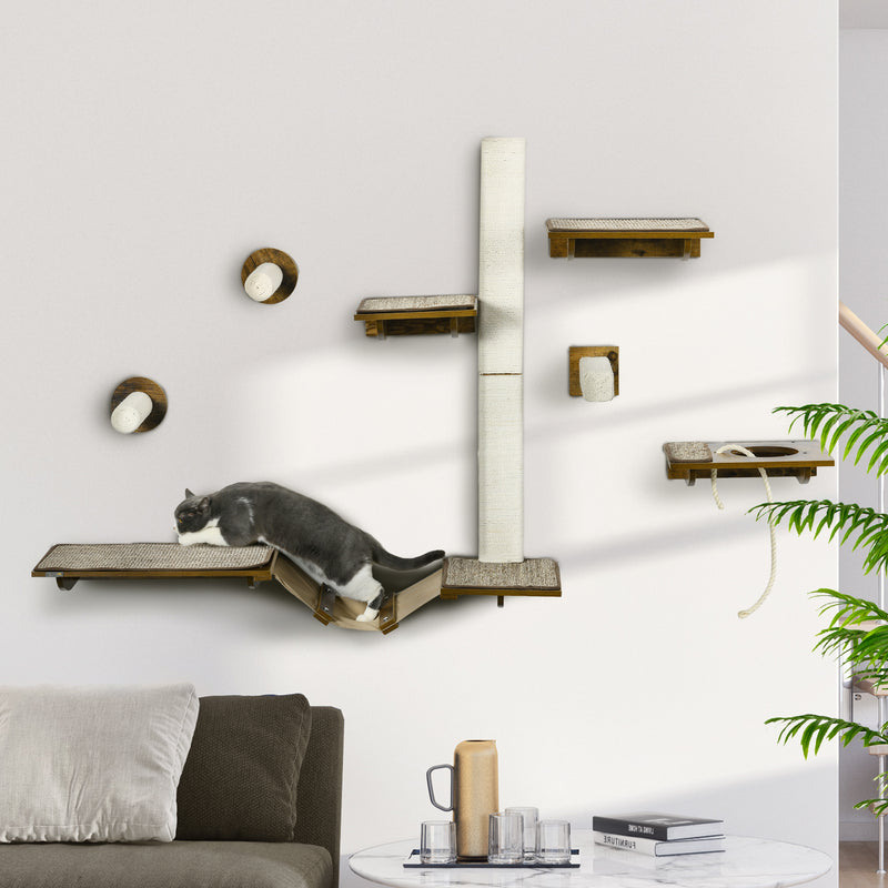 Wall Mounted Cat Tree Set with Scratching Posts and Perches for Play and Sleep Brown