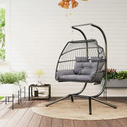 Dark Grey Rattan Double Hanging Egg Chair With Cushions And Stand For Garden by Outsunny