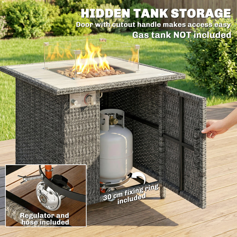 Outdoor Rattan Gas Fire Pit Table With Adjustable Flame And Glass Guard Dark Grey Outsunny