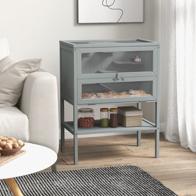 3 Tier Wooden Hamster Cage With Storage Shelf and Openable Top for Gerbils, Grey