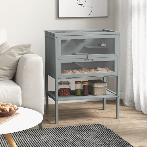 3 Tier Wooden Hamster Cage With Storage Shelf and Openable Top for Gerbils, Grey