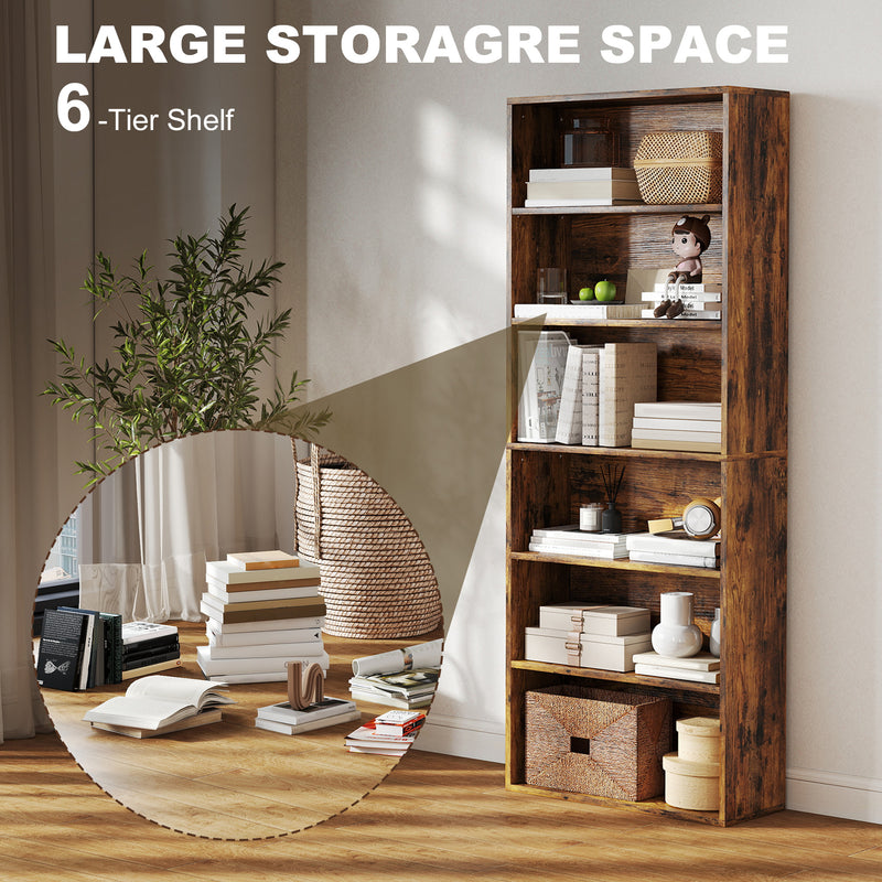 6 Tier Wooden Bookcase With Open Shelves For Living Room Or Office Rustic Brown AOSOM