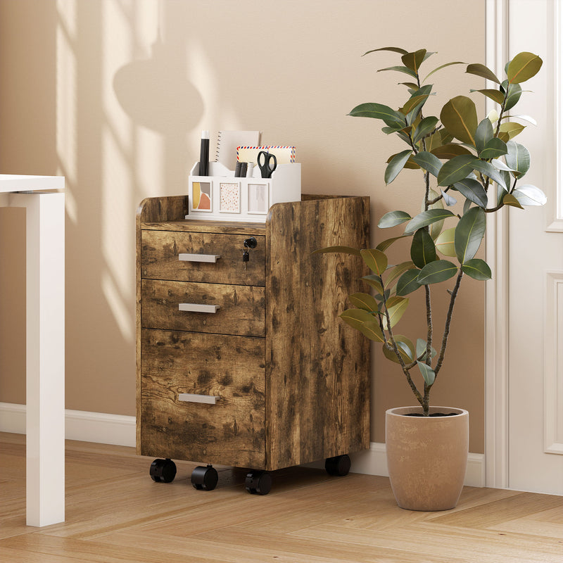 3 Drawer Lockable Mobile Filing Cabinet For Home Office Storage, Rustic Brown Homcom