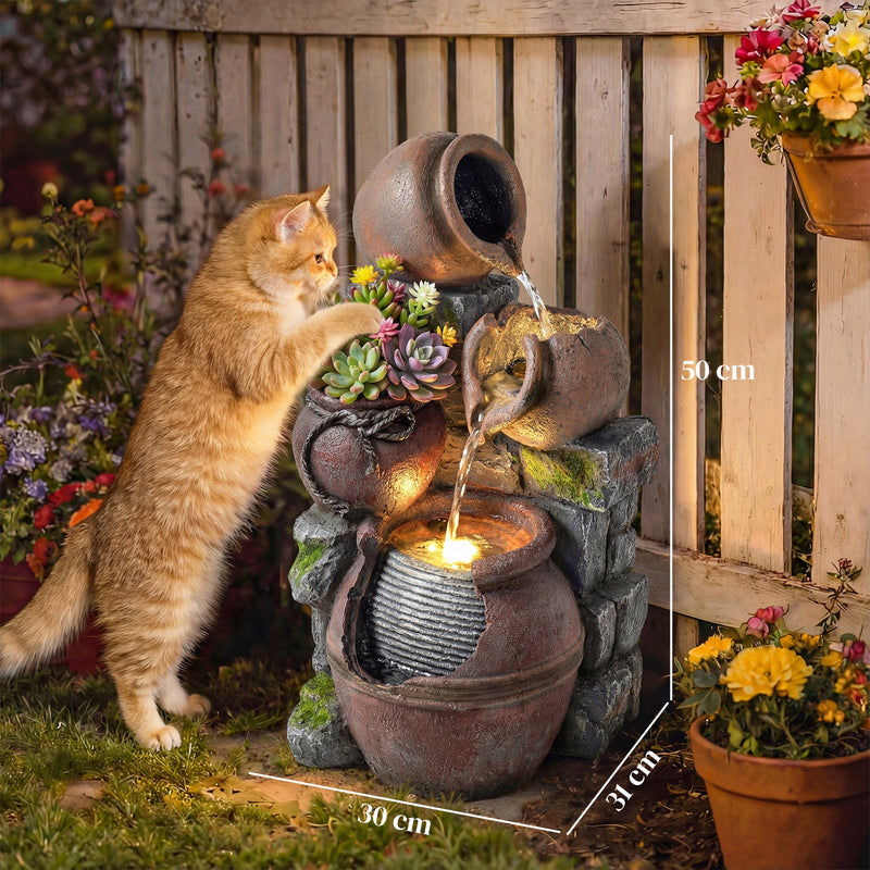 Garden Water Fountain with Planter and LED Lights for Relaxing Outdoor Evenings Rustic Brown Outsunny