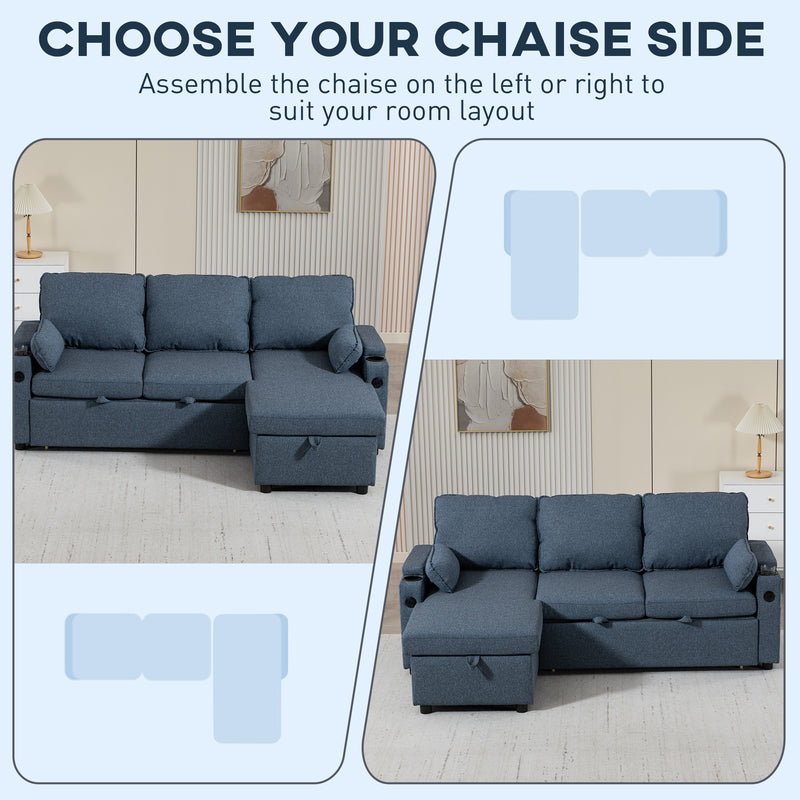 Corner Sofa Bed with Storage and USB Charging for Small Living Rooms Blue AOSOM