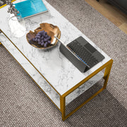 Two Tier Marble Coffee Table With Storage Shelf For Living Room Metal Frame, White