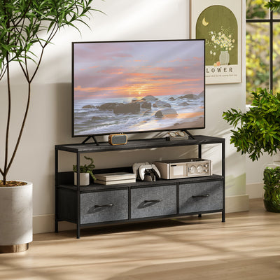 Black TV Stand Cabinet with 3 Foldable Fabric Storage Drawers for Living Room or Bedroom