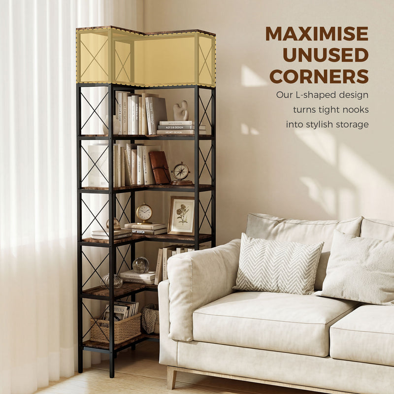 Corner Bookcase with 6 Shelves for Space Saving Storage in Small Rooms Rustic Brown